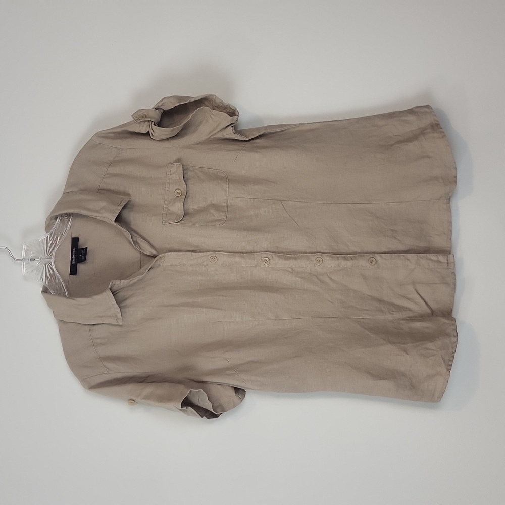 STYLE & CO Tan Neutral 100% Linen Roll-Tab Sleeve Pocket Button-Down Blouse Top